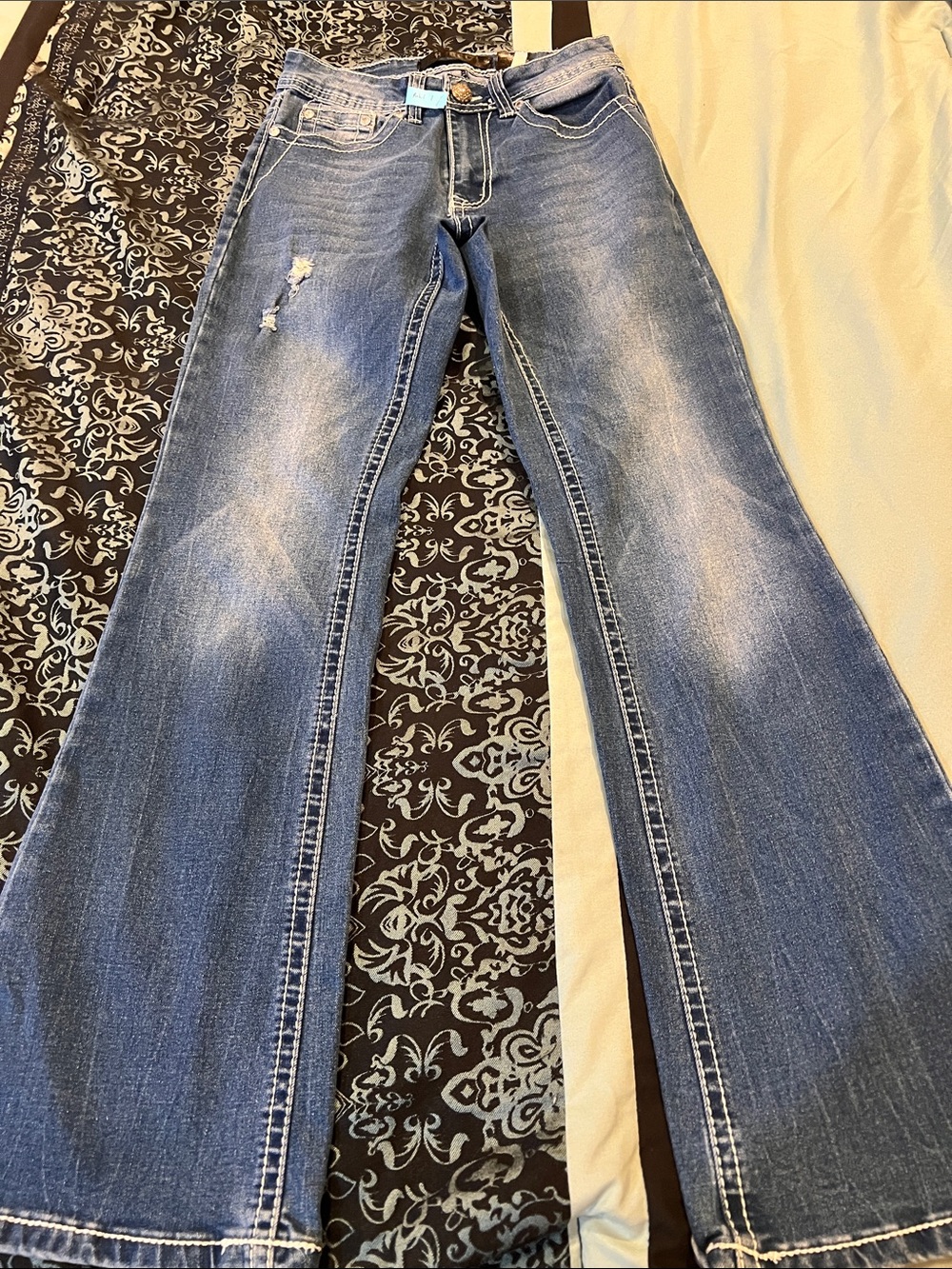 REBEL JEANS Wide Leg Distressed Blue Jeans - Flared Women's Denim